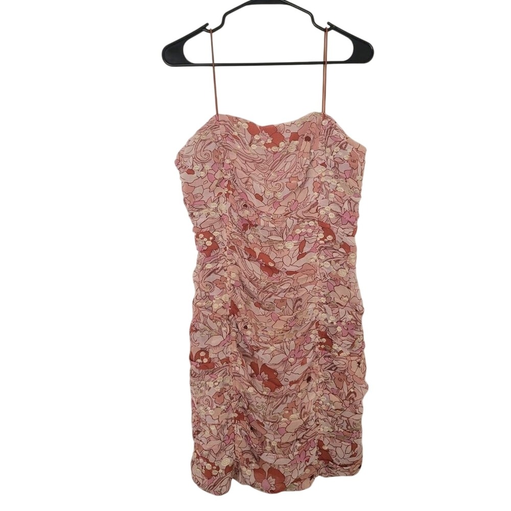 BTFL-life Pink Floral Ruched Mini Dress Metallic Gold Accents D1277-RK Size L